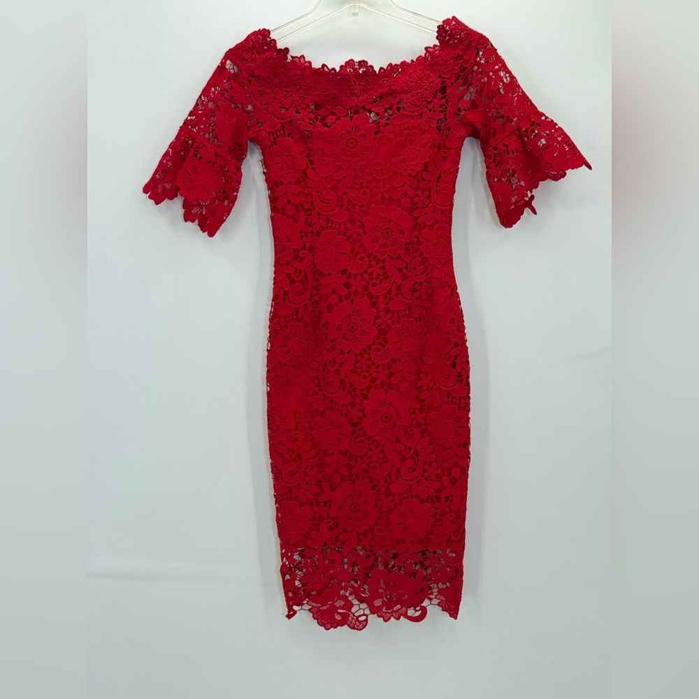 Paper Dolls London Red Lace Off-Shoulder Bodycon Cocktail Floral Lace Dress- 0 P - Picture 5 of 16
